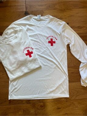 2 Lifeguard White Long Sleeve Tees with Red Cross